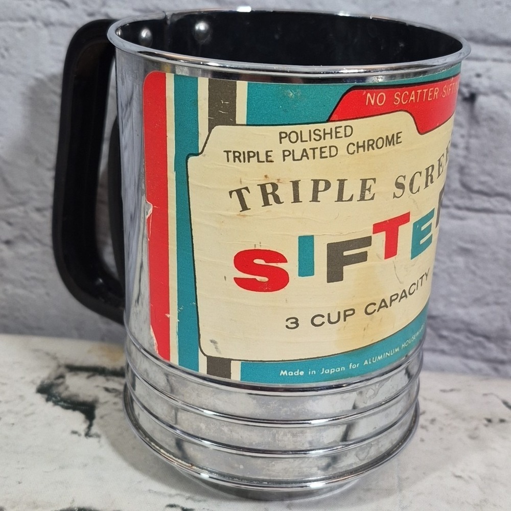 MCM Triple Screen Chrome Flour Sifter w/Original Label - Ca. 1960‎